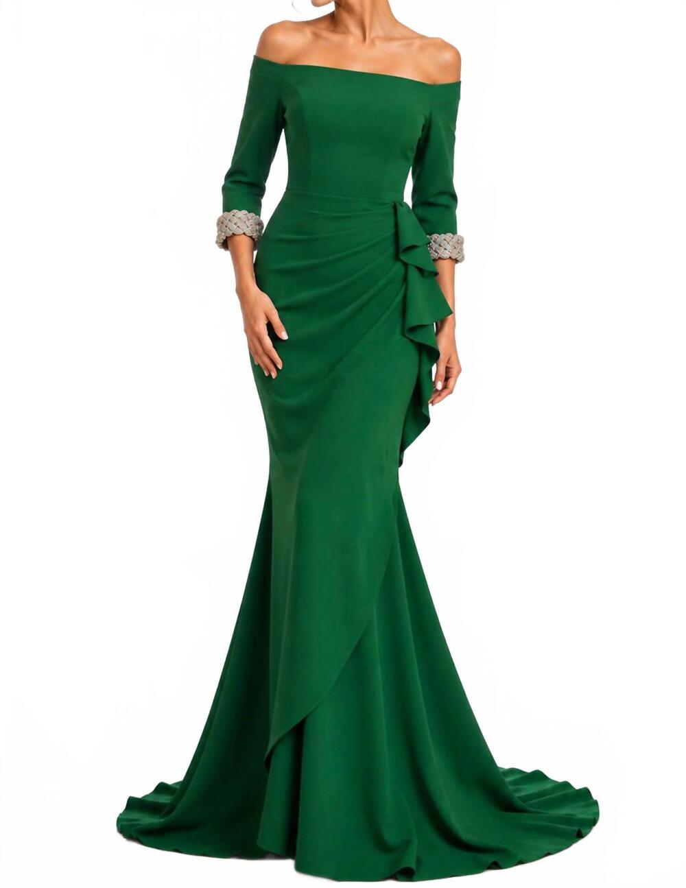 NEW JOVANI off-shoulder gown with beaded cuffs in green